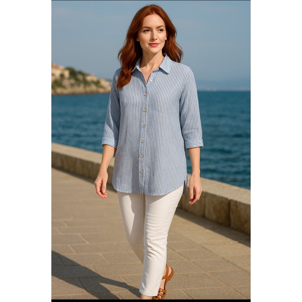 Monoprix Blue White StripeButton Front Tunic Top Women’s Large 3/4 Sleeve Cotton